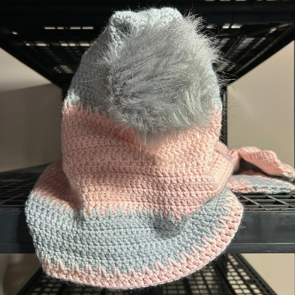 Handmade Crochet Hooded Scarf with Pockets Pink Grey Pom Pom Scoodie Wrap Winter